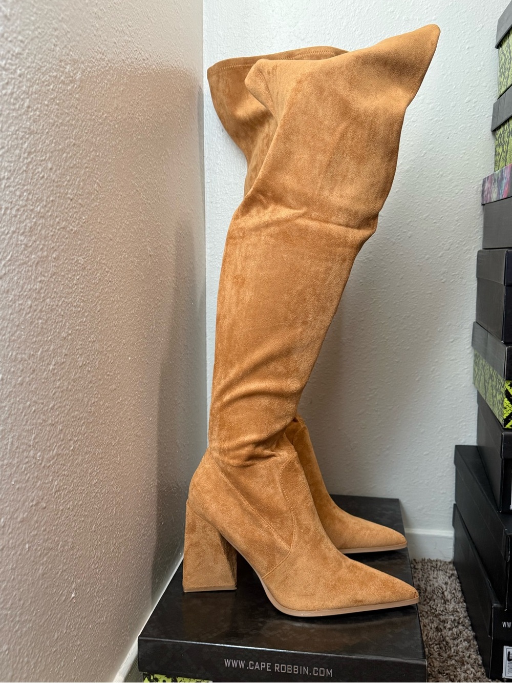 Cape Robbin Camel Suede Over-the-Knee Block Heel Boots